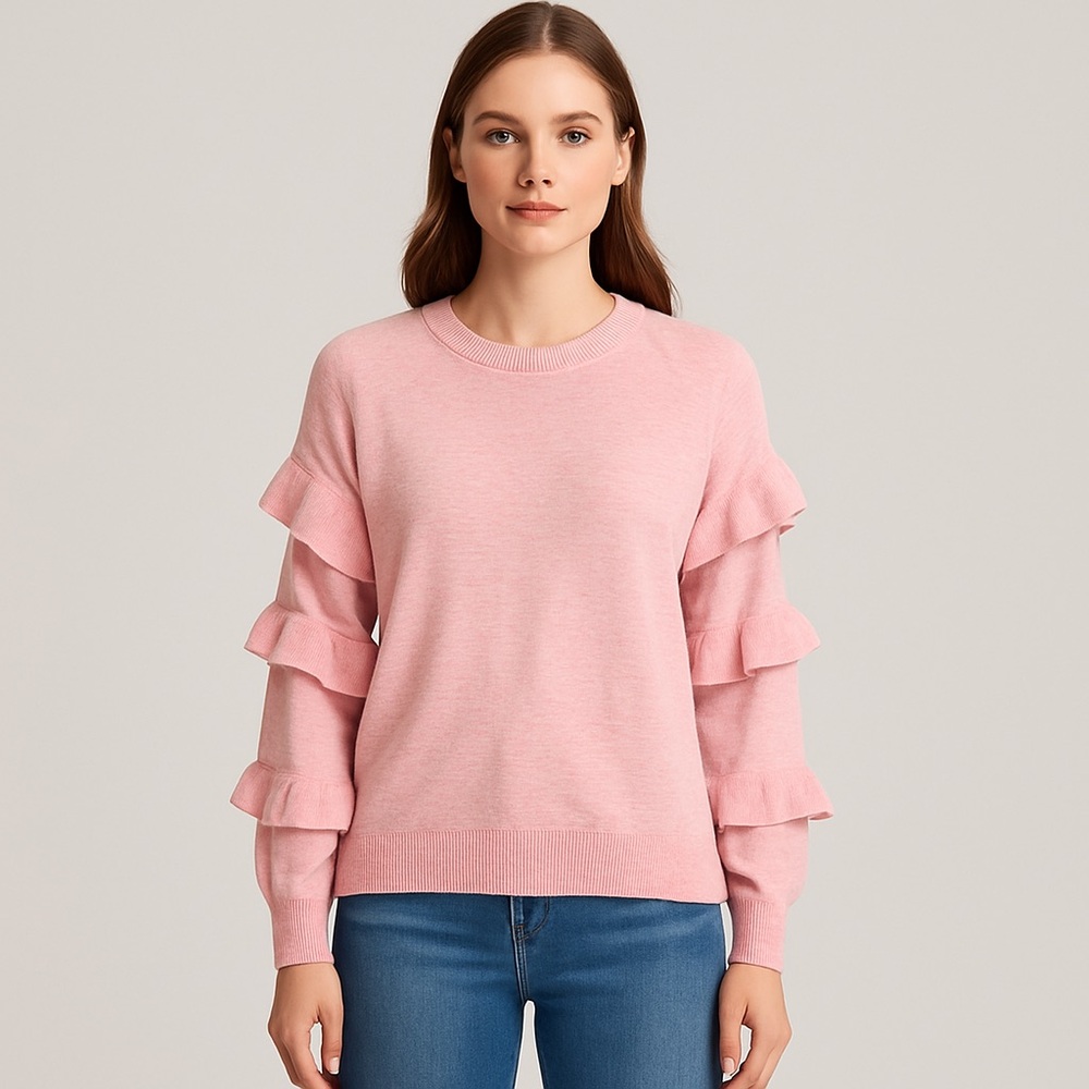 J CREW Wool Blend Sweater with Ruffle Sleeves Neon Bouquet Pink Size Small